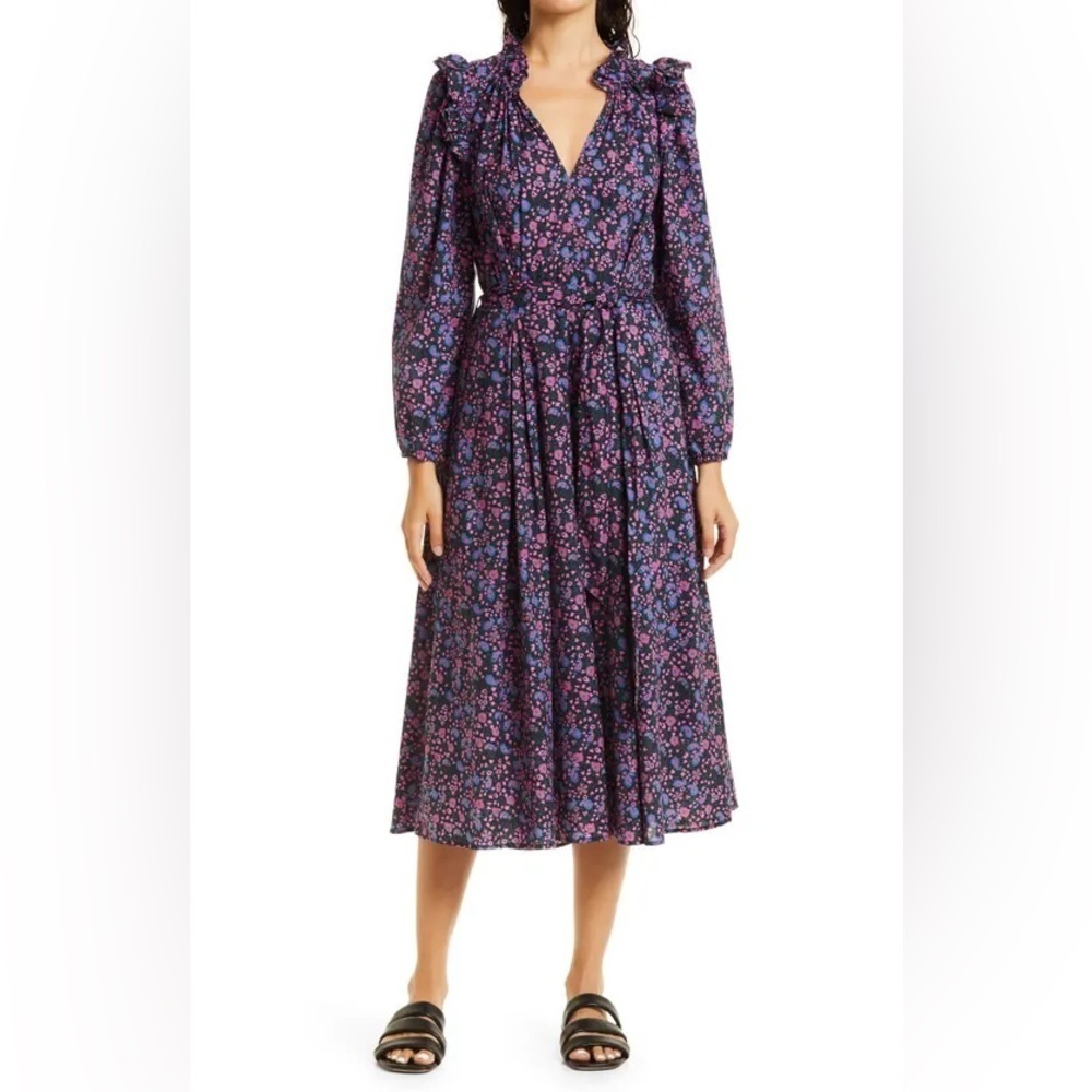 Xirena Floral Paisley Midi Dress Long Sleeve Ruffle Shoulders Boho Cottage XS